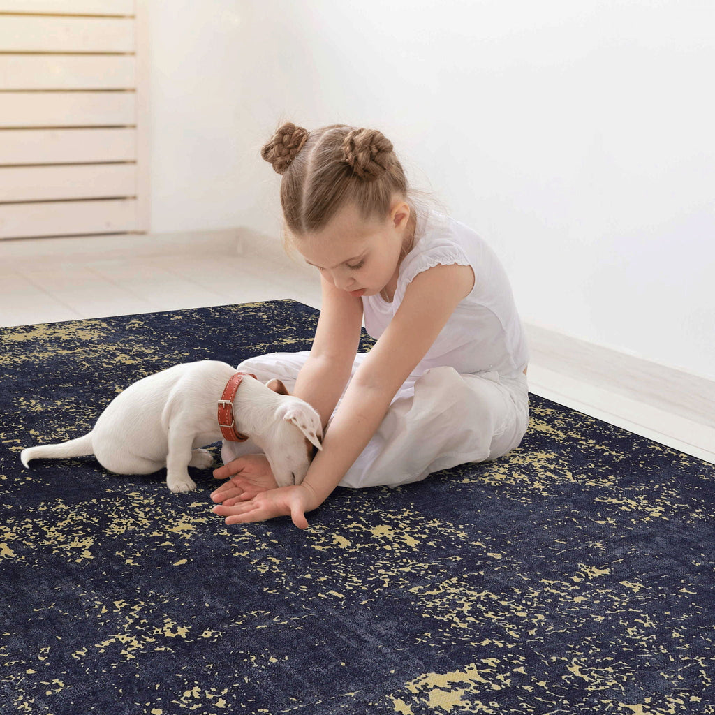 Abstract Washable Area Rug with Stain Resistance - Light Blue, Gray, or Black