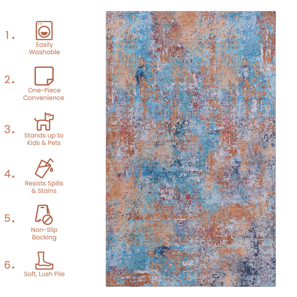 Abstract Washable Area Rug with Stain Resistance - Light Blue, Gray, or Black