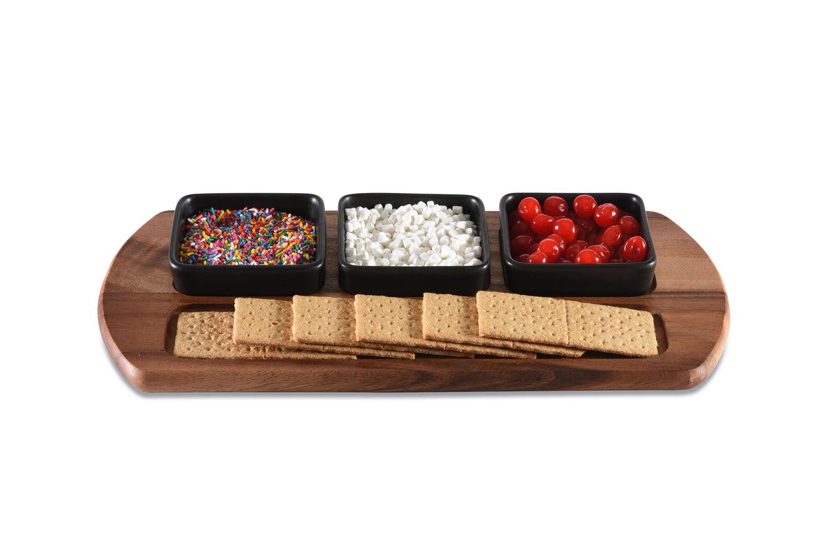 Charcuterie/ Serving Tray w/ 3  black square ceramic bowls
