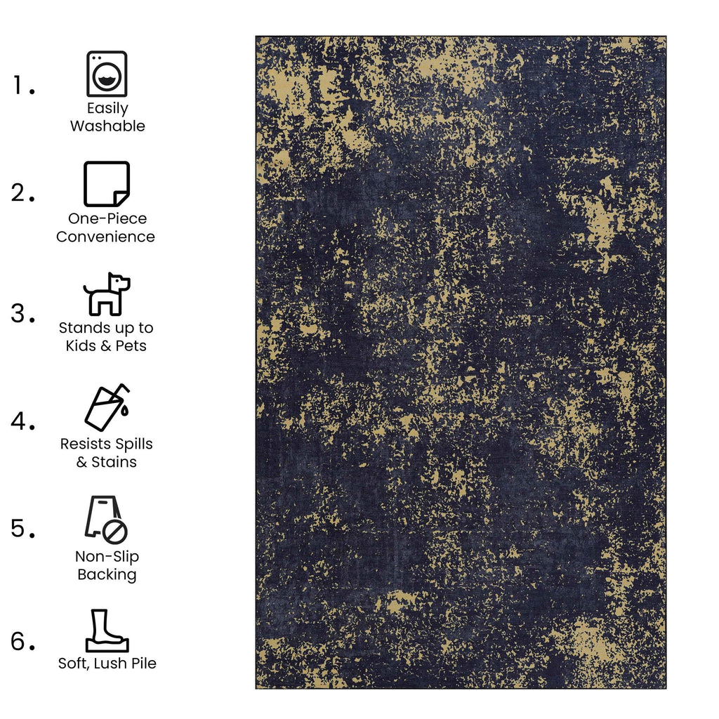 Abstract Washable Area Rug with Stain Resistance - Light Blue, Gray, or Black