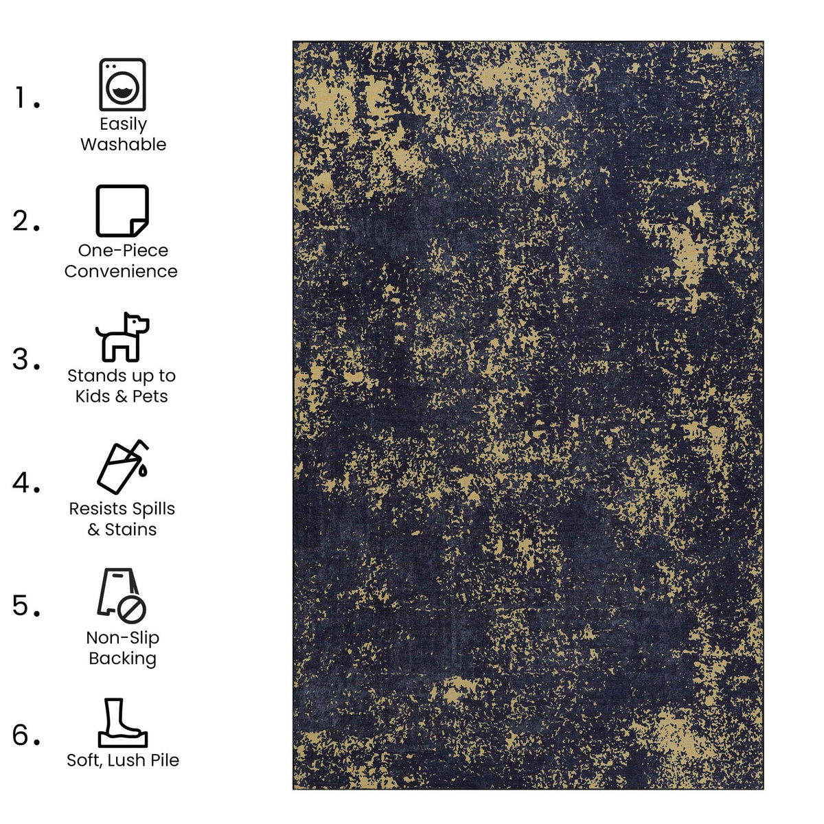 Abstract Washable Area Rug with Stain Resistance - Light Blue, Gray, or Black