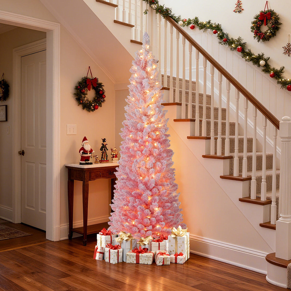 6 FTSnow-flocked Artificial Pink Christmas Tree Pre-lit Hinged Xmas Tree for Holiday Decoration