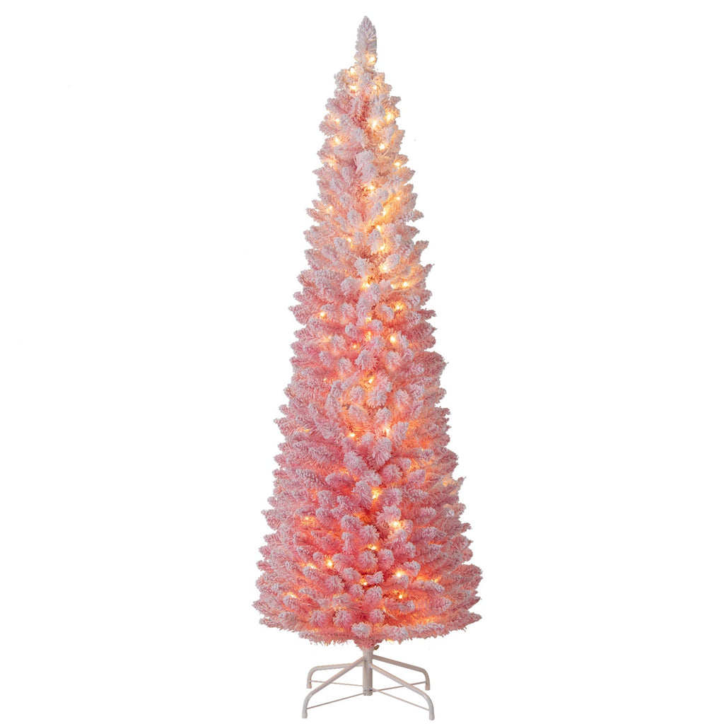 6 FTSnow-flocked Artificial Pink Christmas Tree Pre-lit Hinged Xmas Tree for Holiday Decoration