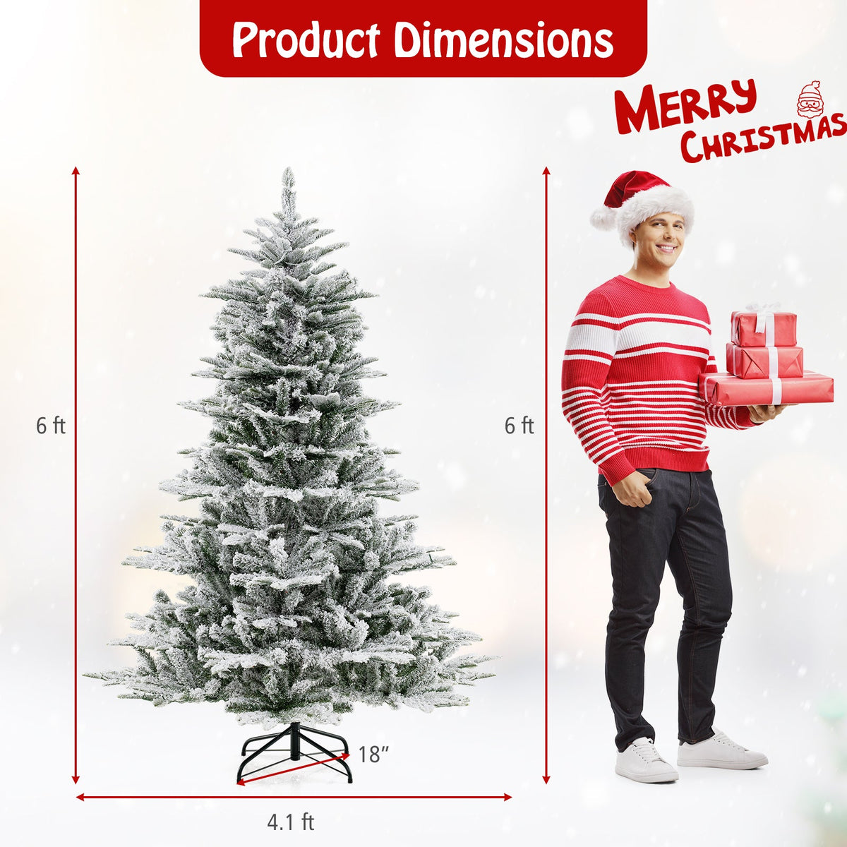 6 Feet Snow Flocked Artificial Christmas Tree with Cool White LED Lights