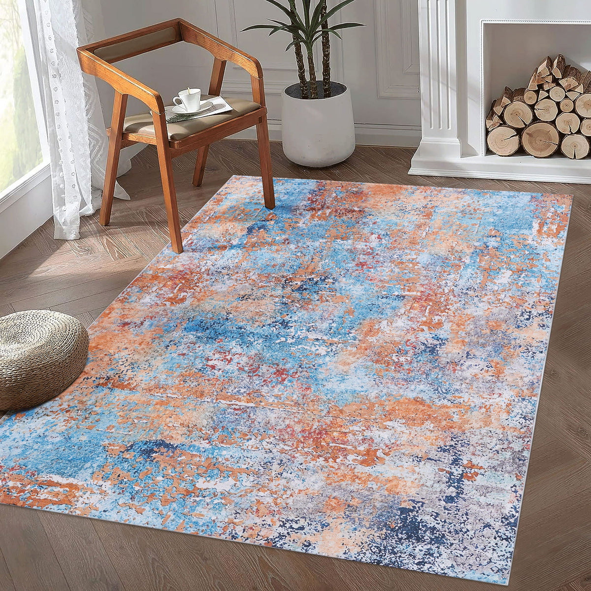 Abstract Washable Area Rug with Stain Resistance - Light Blue, Gray, or Black