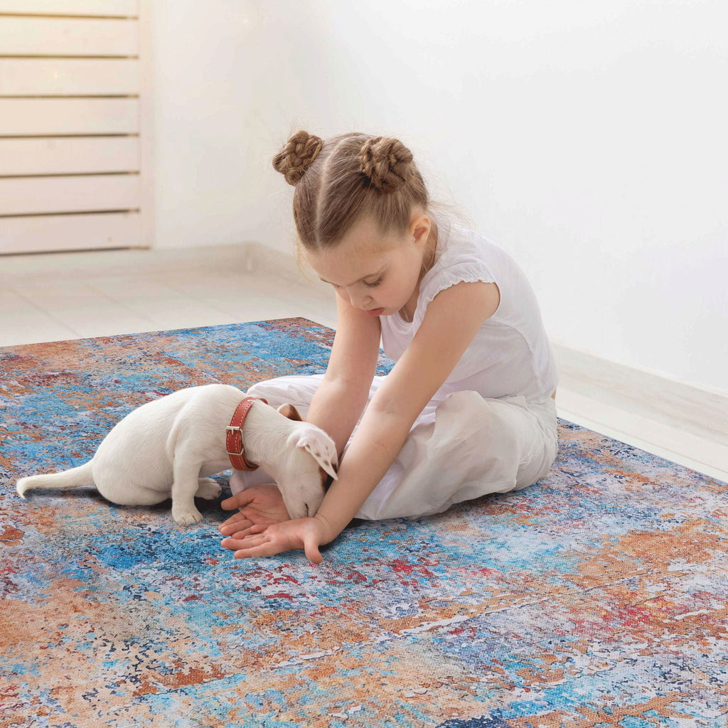 Abstract Washable Area Rug with Stain Resistance - Light Blue, Gray, or Black