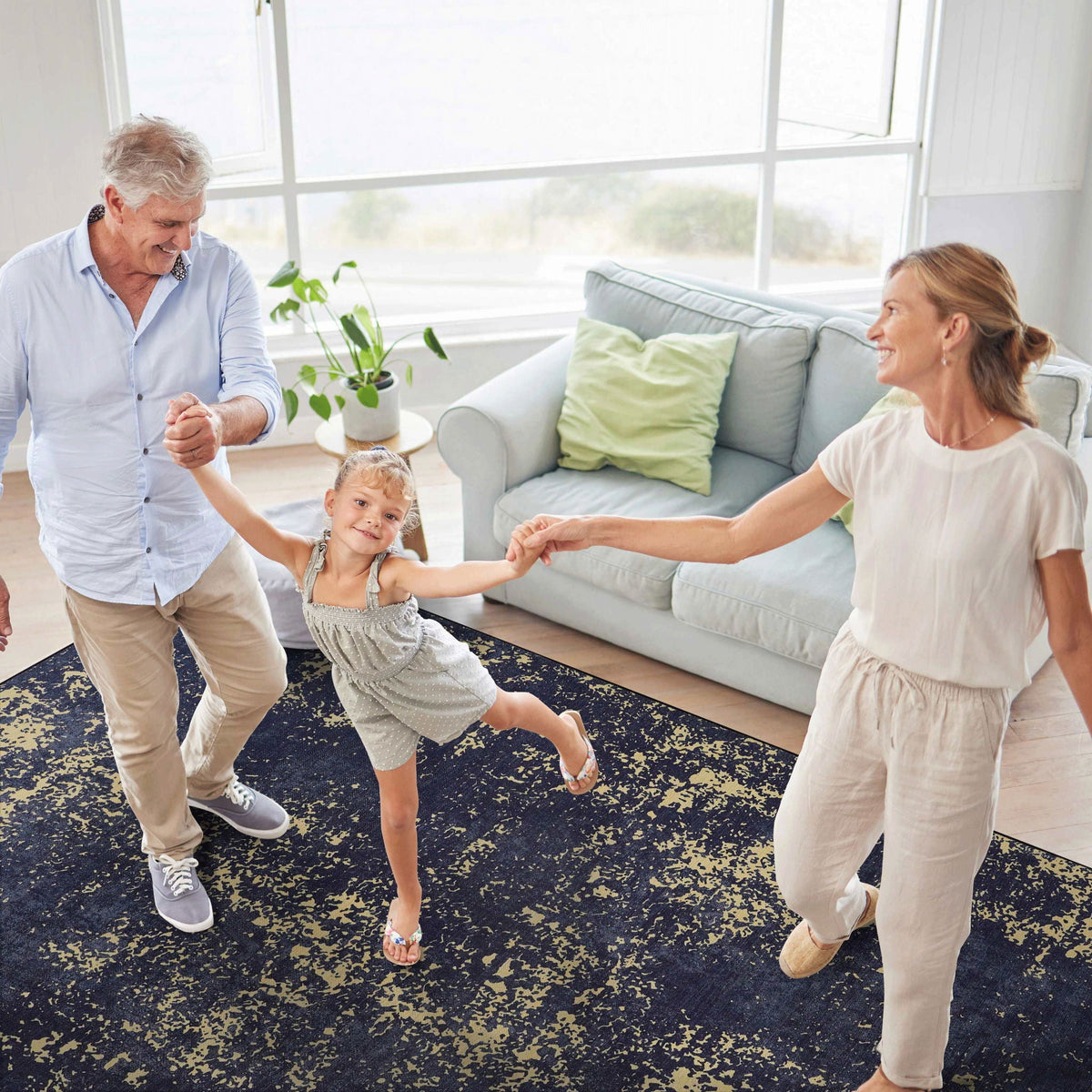 Abstract Washable Area Rug with Stain Resistance - Light Blue, Gray, or Black