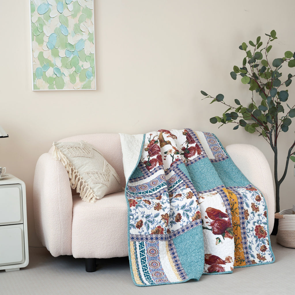 Tache Cotton Patchwork Old World Garden Pastel Blue Yellow Red Hummingbirds Quilted Throw Blanket (JHW-936)
