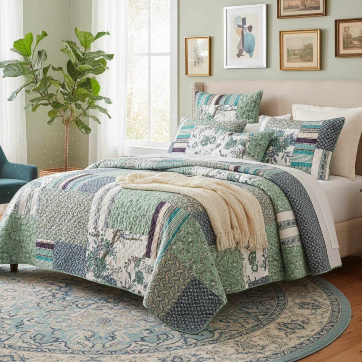 Tache Cotton Forest Glade Quilted Patchwork Bedspread Set (JHW-650)