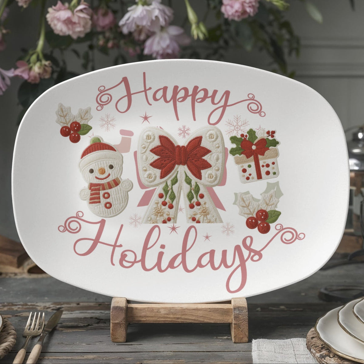 Happy Holidays Faux Yarn Oval Serving Platter