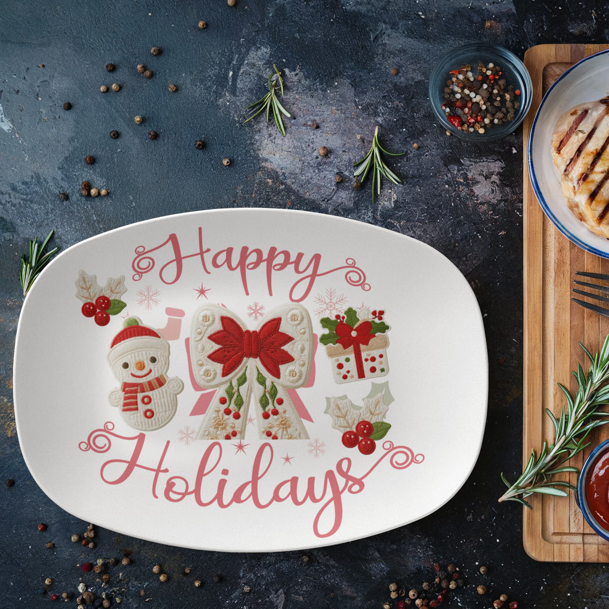 Happy Holidays Faux Yarn Oval Serving Platter
