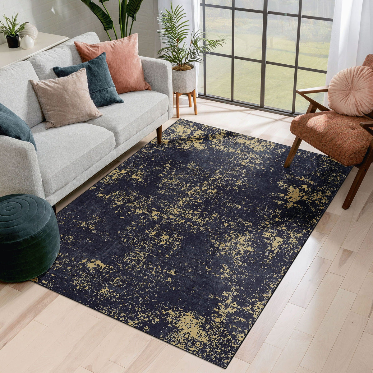 Abstract Washable Area Rug with Stain Resistance - Light Blue, Gray, or Black