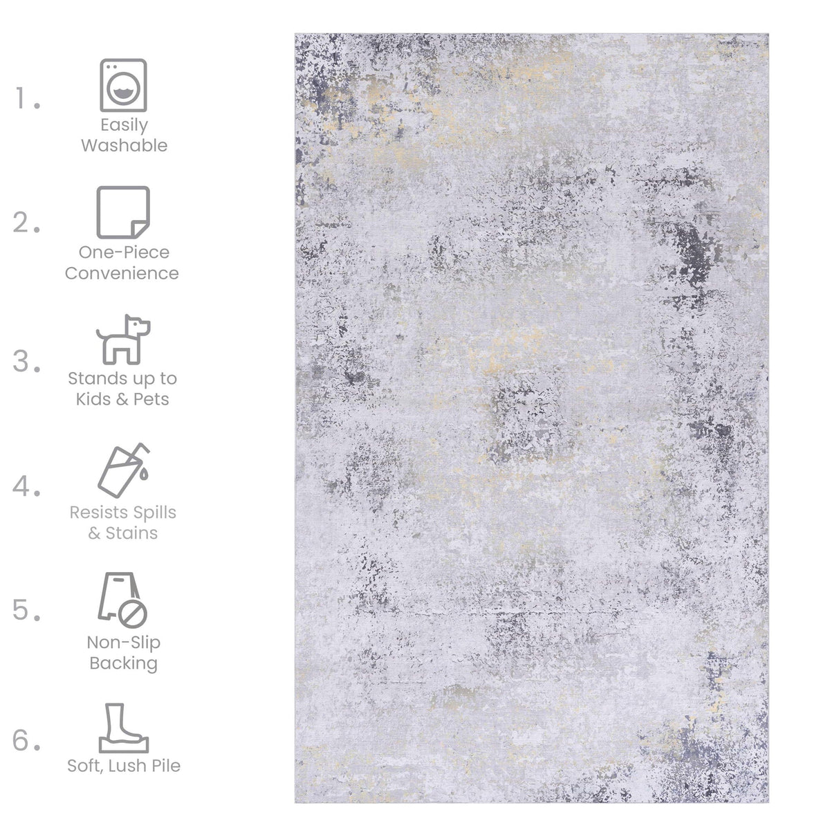 Abstract Washable Area Rug with Stain Resistance - Light Blue, Gray, or Black