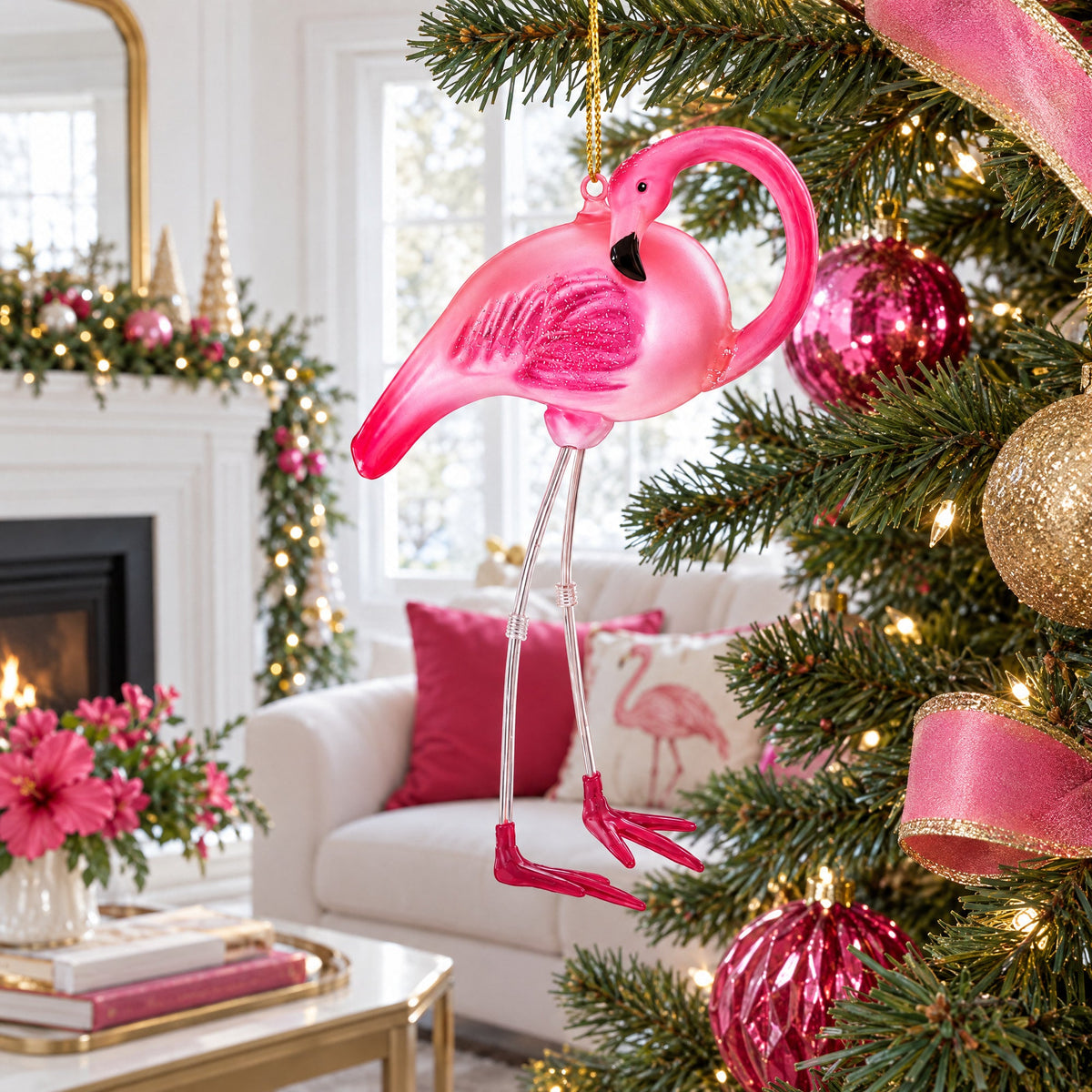 Pink Flamingo Glass Christmas Ornament