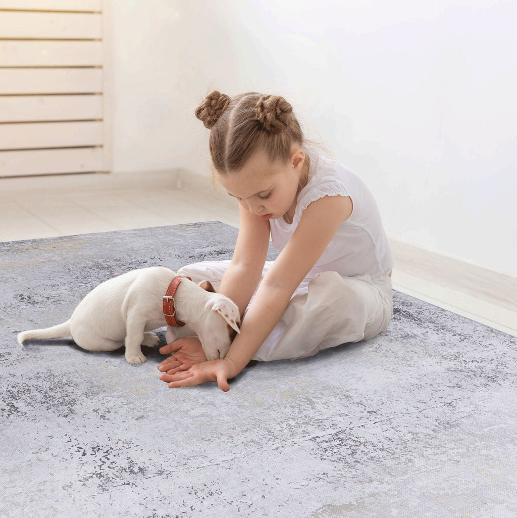 Abstract Washable Area Rug with Stain Resistance - Light Blue, Gray, or Black