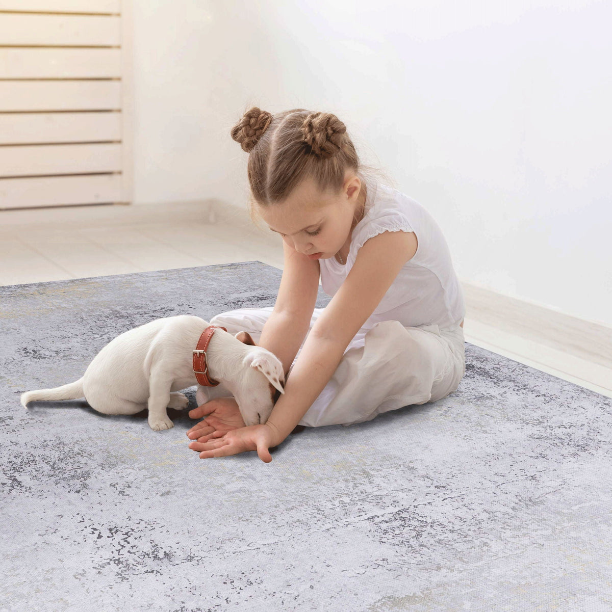 Abstract Washable Area Rug with Stain Resistance - Light Blue, Gray, or Black