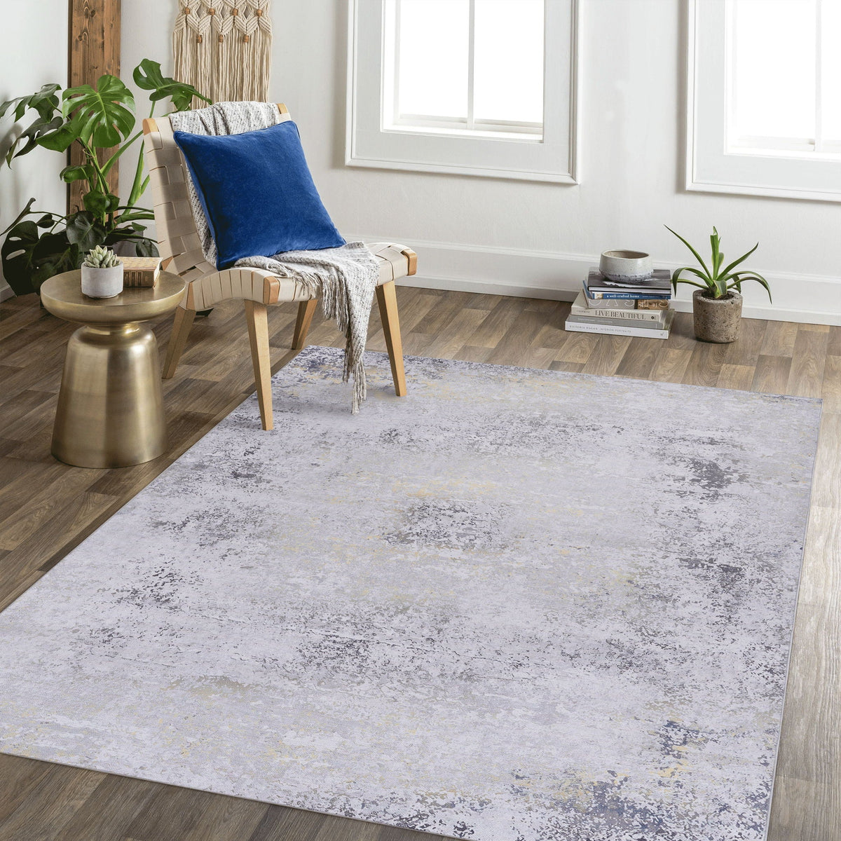 Abstract Washable Area Rug with Stain Resistance - Light Blue, Gray, or Black