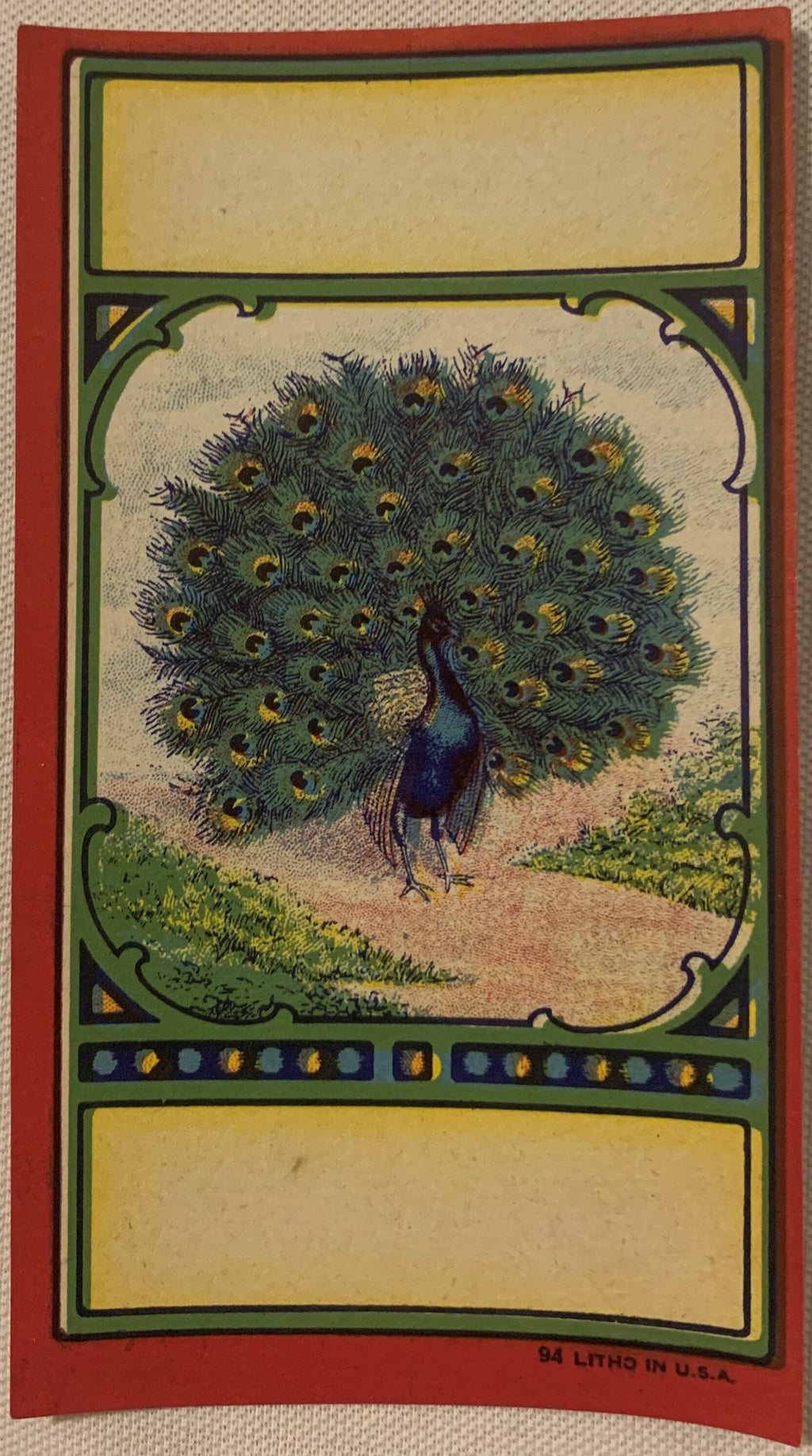 Antique Peacock Broom Label 1910s-1920s Art Nouveau Chromolithograph Litho USA Advertising Ephemera 🧹