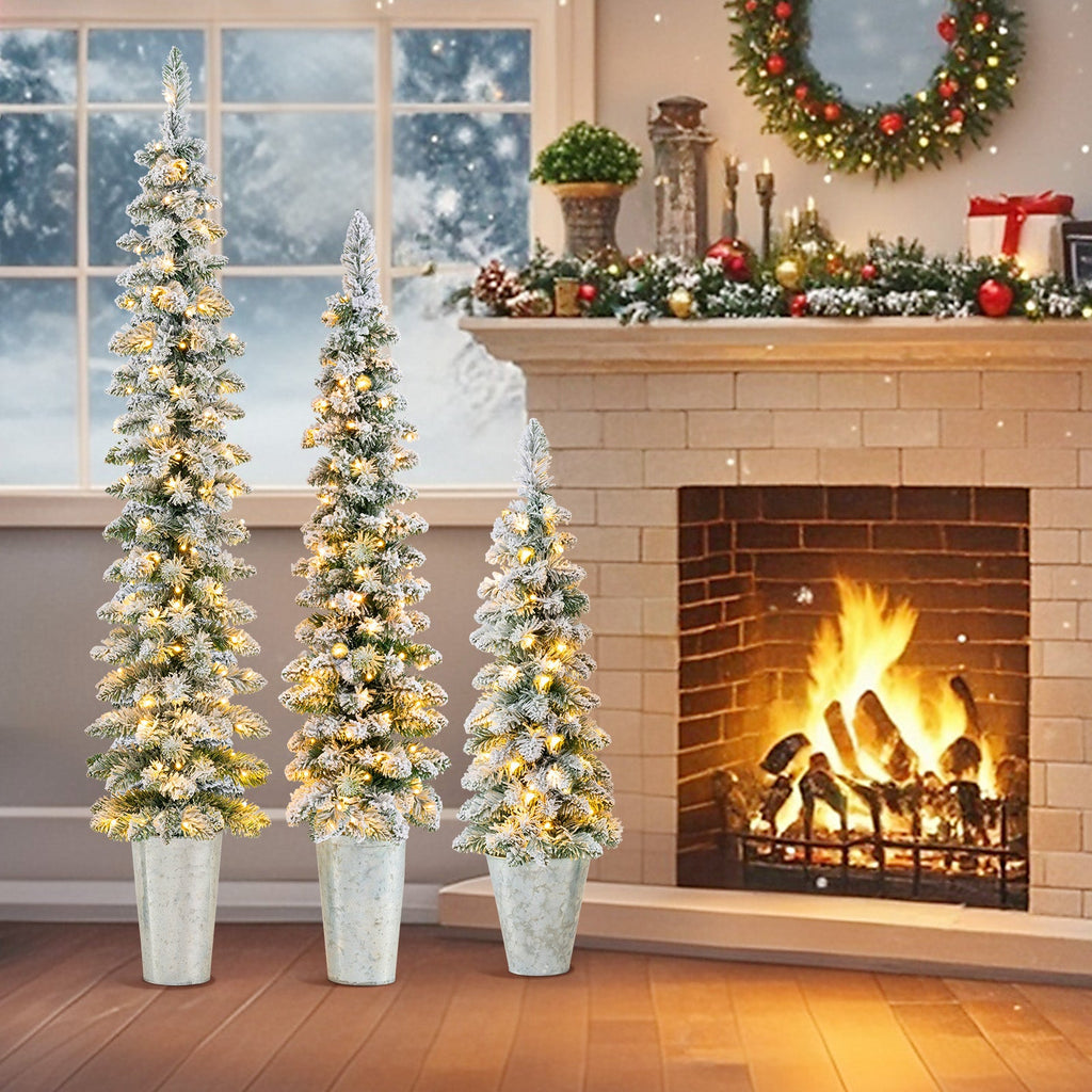 Set of 3 Pre-Lit Snow Flocked Artificial Christmas Trees witrh 423 Branch Tips